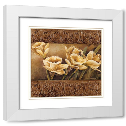 Golden Daffodils II White Modern Wood Framed Art Print with Double Matting by Thompson, Linda