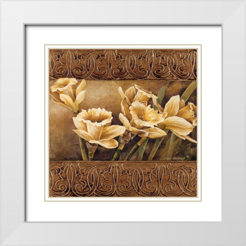 Golden Daffodils II White Modern Wood Framed Art Print with Double Matting by Thompson, Linda