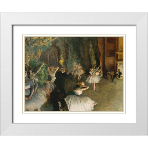 The Rehearsal of the Ballet Onstage White Modern Wood Framed Art Print with Double Matting by Degas, Edgar