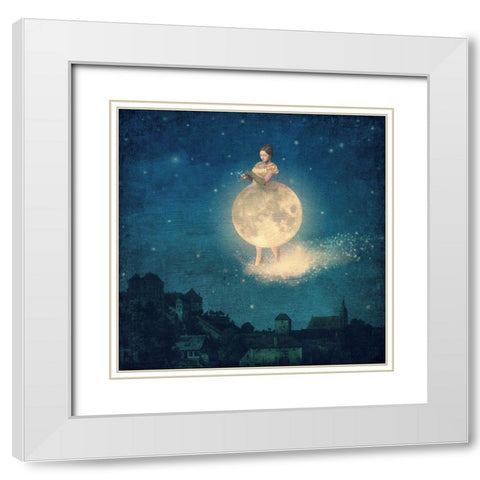 Shhh Lady Night is Coming White Modern Wood Framed Art Print with Double Matting by Flores, Paula Belle