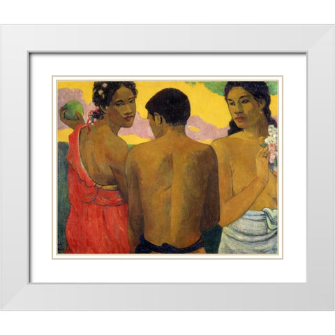 Three Tahitians White Modern Wood Framed Art Print with Double Matting by Gauguin, Paul