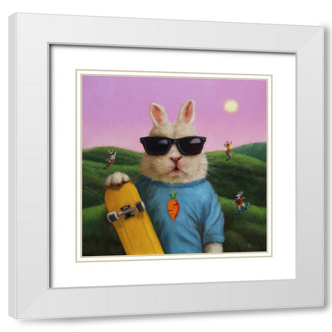 Skater Bunny White Modern Wood Framed Art Print with Double Matting by Heffernan, Lucia