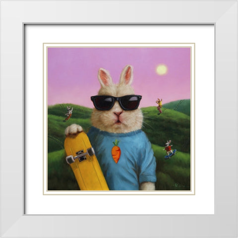 Skater Bunny White Modern Wood Framed Art Print with Double Matting by Heffernan, Lucia