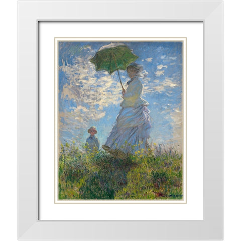 Woman with a Parasol - Madame Monet and Her Son, 1875 White Modern Wood Framed Art Print with Double Matting by Monet, Claude