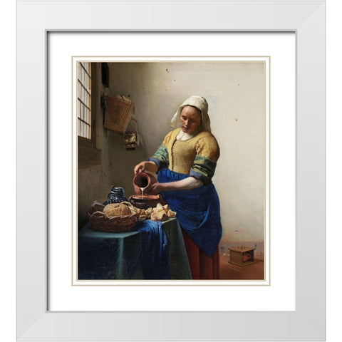 The Milkmaid White Modern Wood Framed Art Print with Double Matting by Vermeer, Johannes