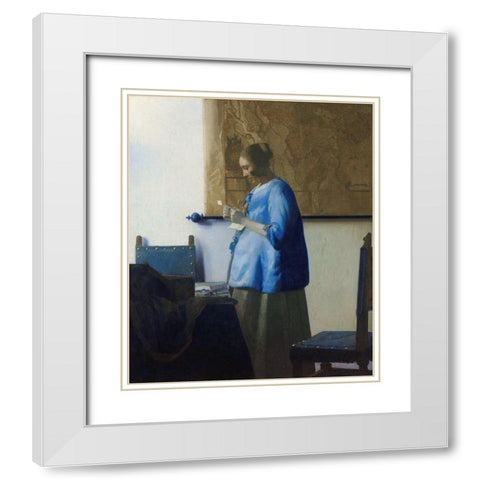 Woman Reading a Letter White Modern Wood Framed Art Print with Double Matting by Vermeer, Johannes