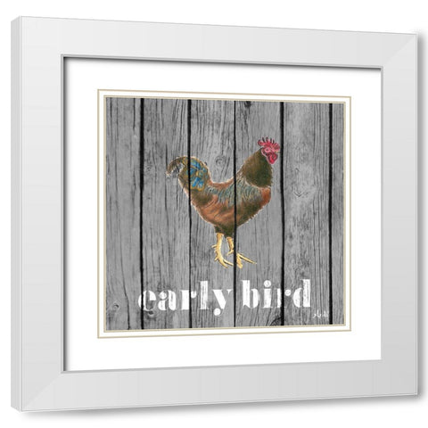 Early Bird Rooster White Modern Wood Framed Art Print with Double Matting by Metz, Andi