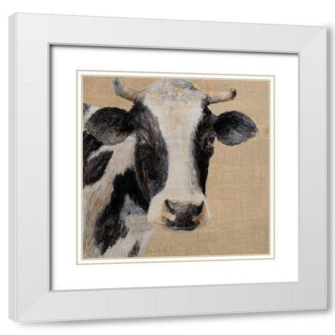 Cow On Burlap Background White Modern Wood Framed Art Print with Double Matting by Loreth, Lanie