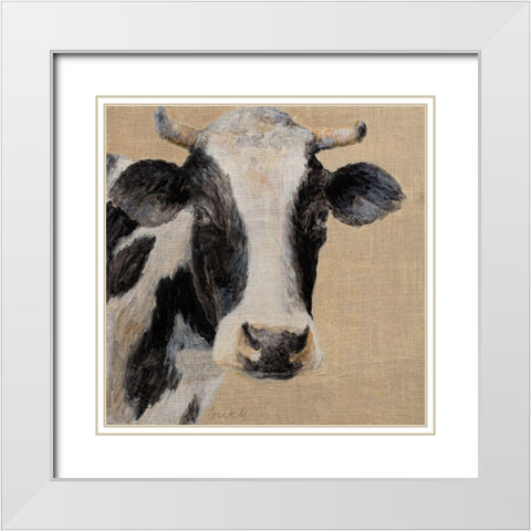 Cow On Burlap Background White Modern Wood Framed Art Print with Double Matting by Loreth, Lanie