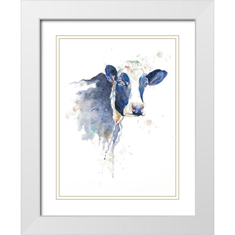 Watercolor Blue Cow White Modern Wood Framed Art Print with Double Matting by Pinto, Patricia