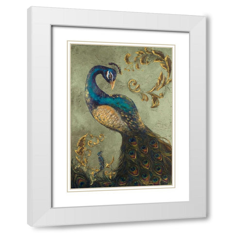 Peacock on Sage II White Modern Wood Framed Art Print with Double Matting by Hakimipour, Tiffany