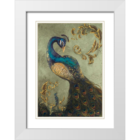Peacock on Sage II White Modern Wood Framed Art Print with Double Matting by Hakimipour, Tiffany