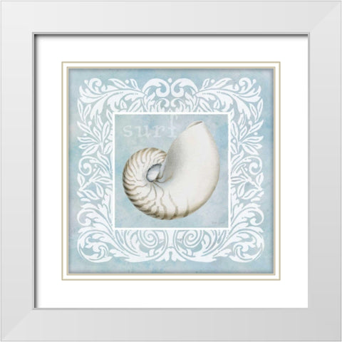 Sandy Shells Blue on Blue Nautilus White Modern Wood Framed Art Print with Double Matting by Grove, Beth