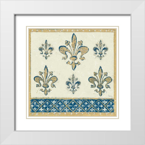Regal Fleur de Lis Indigo and Cream White Modern Wood Framed Art Print with Double Matting by Meloushka Designs