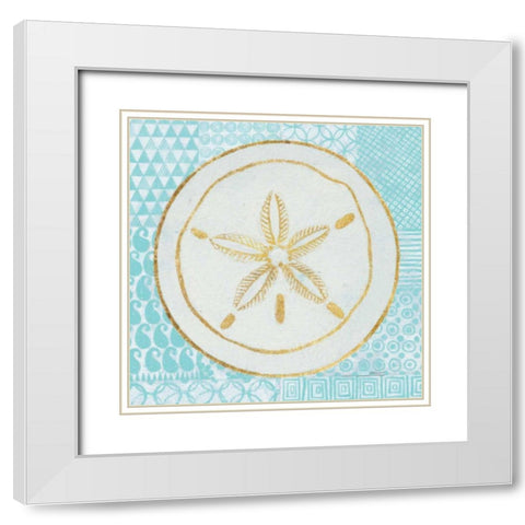 Summer Shells I Teal and Gold White Modern Wood Framed Art Print with Double Matting by Lovell, Kathrine