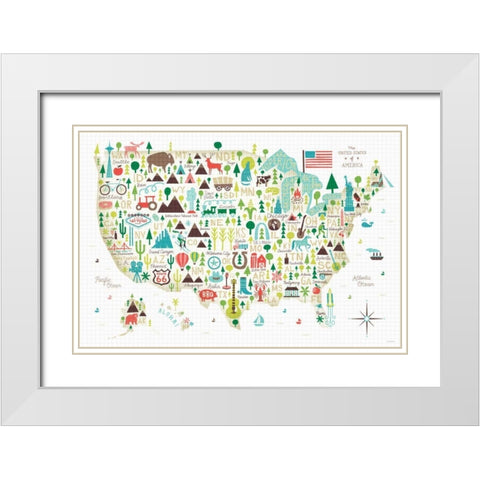 Illustrated USA White Modern Wood Framed Art Print with Double Matting by Mullan, Michael