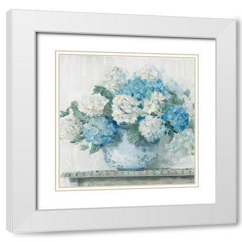 Blue Hydrangea Cottage Crop White Modern Wood Framed Art Print with Double Matting by Rowan, Carol