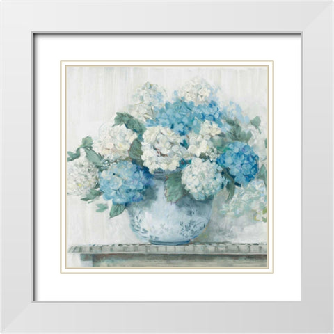 Blue Hydrangea Cottage Crop White Modern Wood Framed Art Print with Double Matting by Rowan, Carol