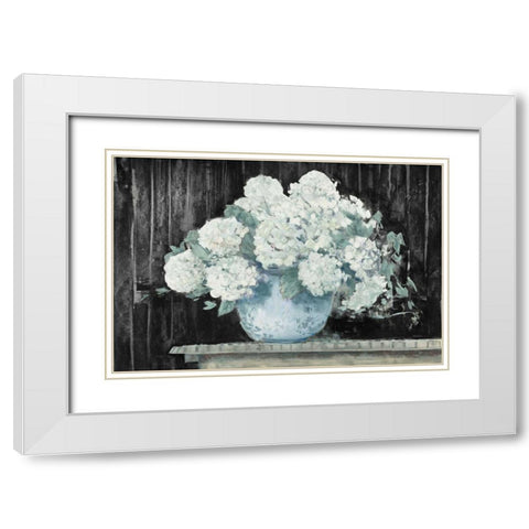 White Hydrangea on Black Crop White Modern Wood Framed Art Print with Double Matting by Rowan, Carol