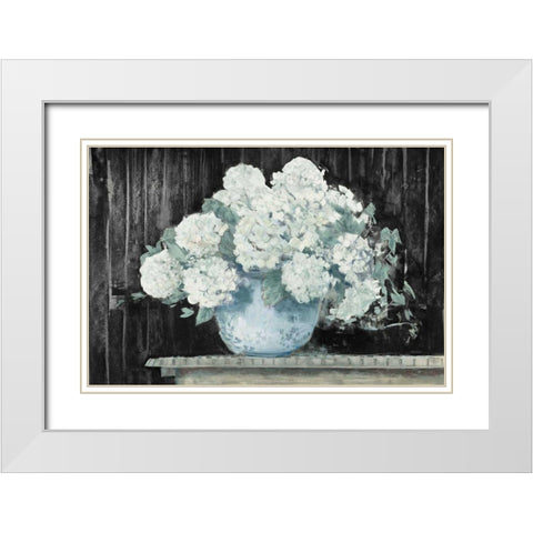 White Hydrangea on Black Crop White Modern Wood Framed Art Print with Double Matting by Rowan, Carol