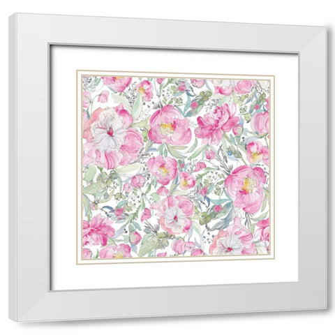 Pink Peonies Pattern II White Modern Wood Framed Art Print with Double Matting by Rice, Kristy