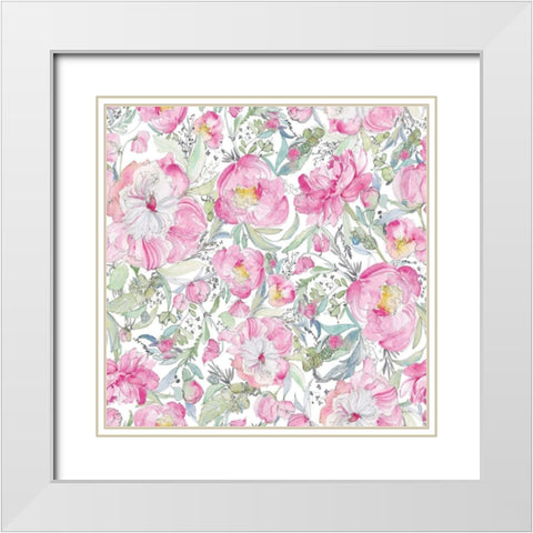 Pink Peonies Pattern II White Modern Wood Framed Art Print with Double Matting by Rice, Kristy