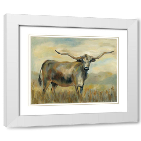 Longhorn Cow White Modern Wood Framed Art Print with Double Matting by Vassileva, Silvia