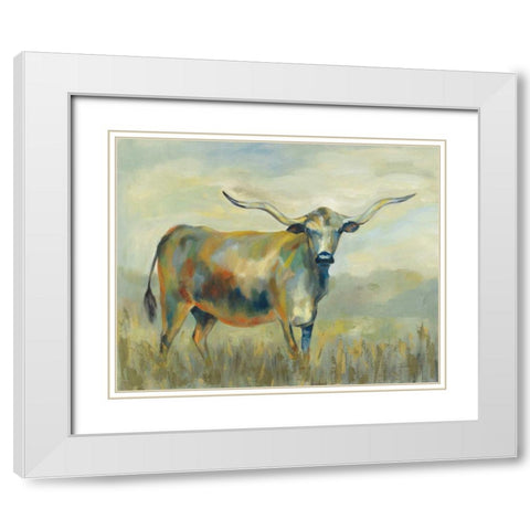 Colorful Longhorn Cow White Modern Wood Framed Art Print with Double Matting by Vassileva, Silvia