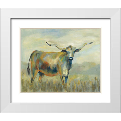 Colorful Longhorn Cow White Modern Wood Framed Art Print with Double Matting by Vassileva, Silvia