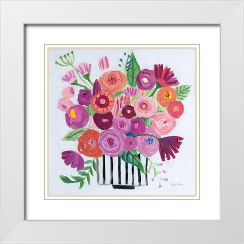 Pink Blossoms II Black Lines White Modern Wood Framed Art Print with Double Matting by Zaman, Farida