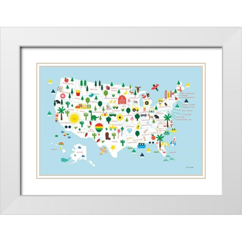Fun USA Map White Modern Wood Framed Art Print with Double Matting by Kelle, Ann