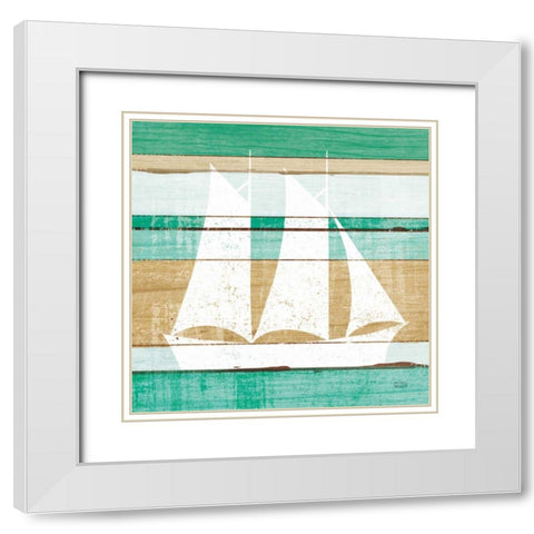 Beachscape V Boat Green White Modern Wood Framed Art Print with Double Matting by Mullan, Michael