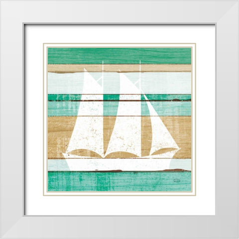 Beachscape V Boat Green White Modern Wood Framed Art Print with Double Matting by Mullan, Michael
