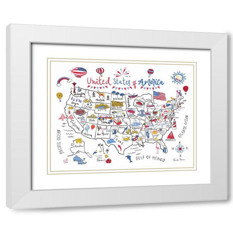 USA Map White Modern Wood Framed Art Print with Double Matting by Zaman, Farida