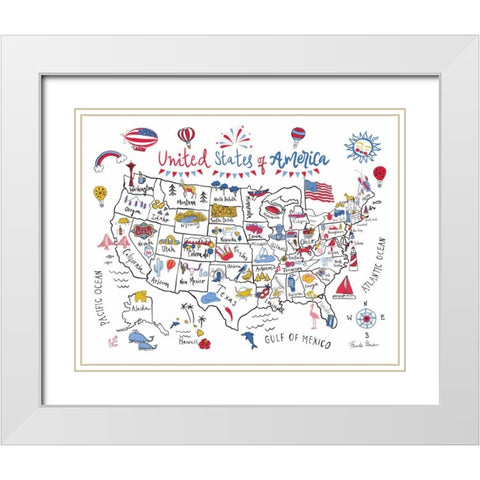 USA Map White Modern Wood Framed Art Print with Double Matting by Zaman, Farida