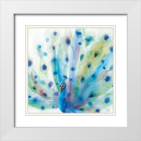 Peacock Glory V White Modern Wood Framed Art Print with Double Matting by June, Dina