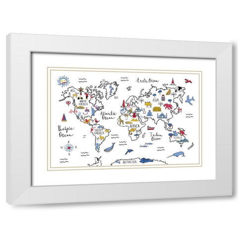 World Map White Modern Wood Framed Art Print with Double Matting by Zaman, Farida