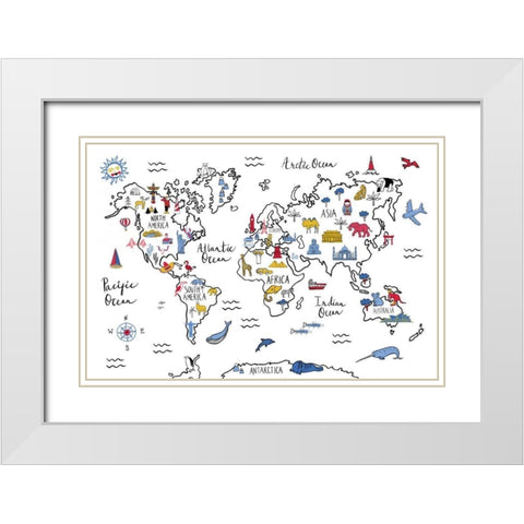 World Map White Modern Wood Framed Art Print with Double Matting by Zaman, Farida