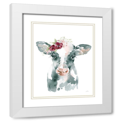 Floral Cow White Modern Wood Framed Art Print with Double Matting by Pete, Katrina