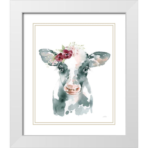 Floral Cow White Modern Wood Framed Art Print with Double Matting by Pete, Katrina