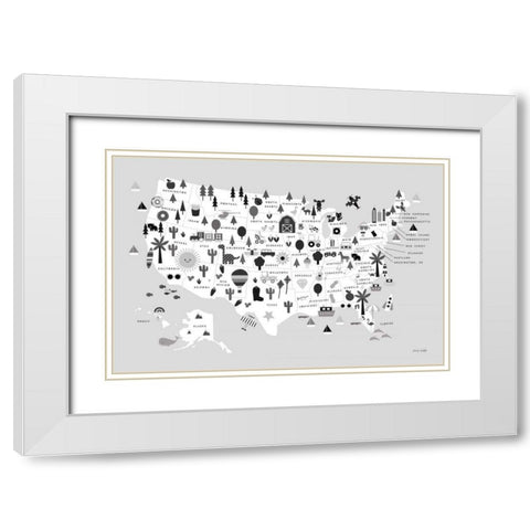 Fun USA Map BW White Modern Wood Framed Art Print with Double Matting by Kelle, Ann