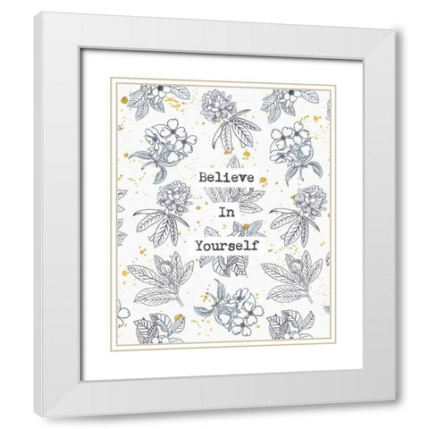 Indigo Blooms Believe White Modern Wood Framed Art Print with Double Matting by Wild Apple Portfolio
