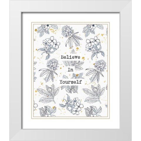 Indigo Blooms Believe White Modern Wood Framed Art Print with Double Matting by Wild Apple Portfolio