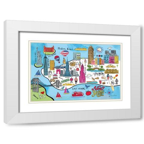 New York Map White Modern Wood Framed Art Print with Double Matting by Zaman, Farida