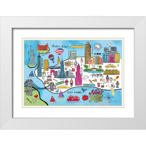 New York Map White Modern Wood Framed Art Print with Double Matting by Zaman, Farida