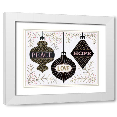 Jolly Holiday Ornaments Peace Love Joy White Modern Wood Framed Art Print with Double Matting by Mullan, Michael