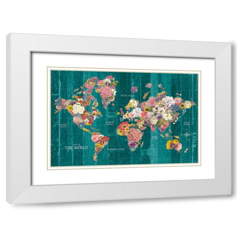 Botanical Floral Map Words Aqua White Modern Wood Framed Art Print with Double Matting by Wild Apple Portfolio