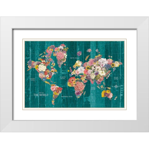 Botanical Floral Map Words Aqua White Modern Wood Framed Art Print with Double Matting by Wild Apple Portfolio