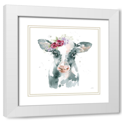 Floral Cow Pink Sq White Modern Wood Framed Art Print with Double Matting by Pete, Katrina