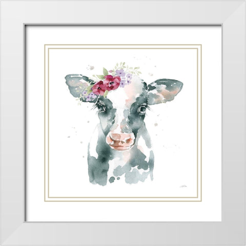 Floral Cow Pink Sq White Modern Wood Framed Art Print with Double Matting by Pete, Katrina